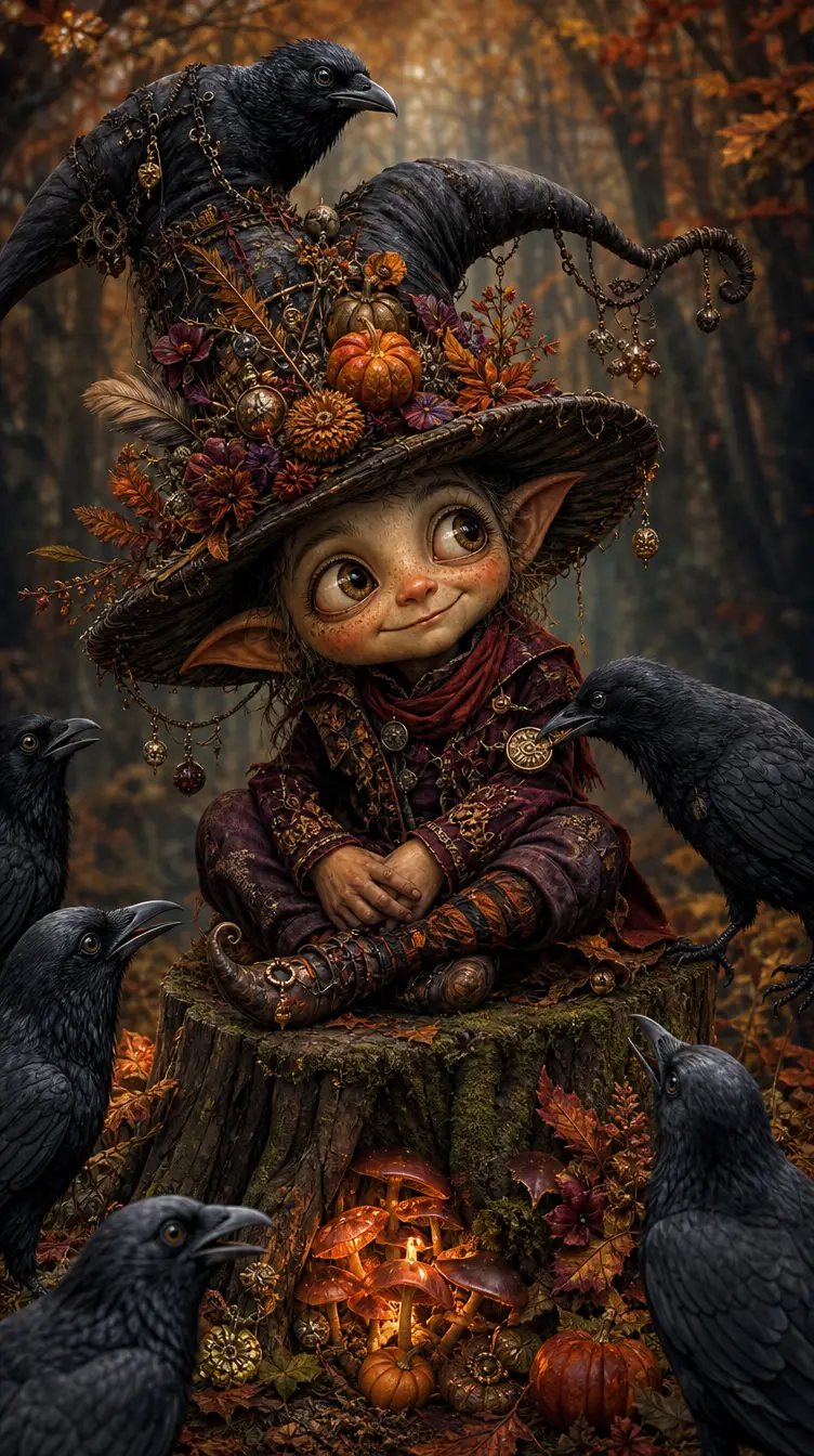 A woodland goblin sits with clever crows on a moss-covered stump