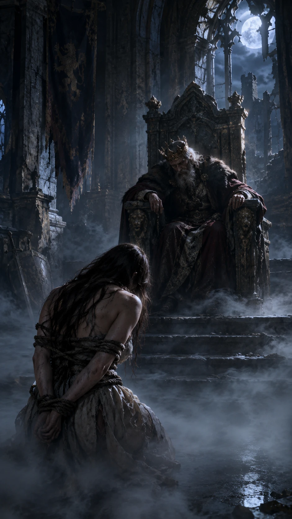 A bound young woman kneels before an aged king in a ruined throne room