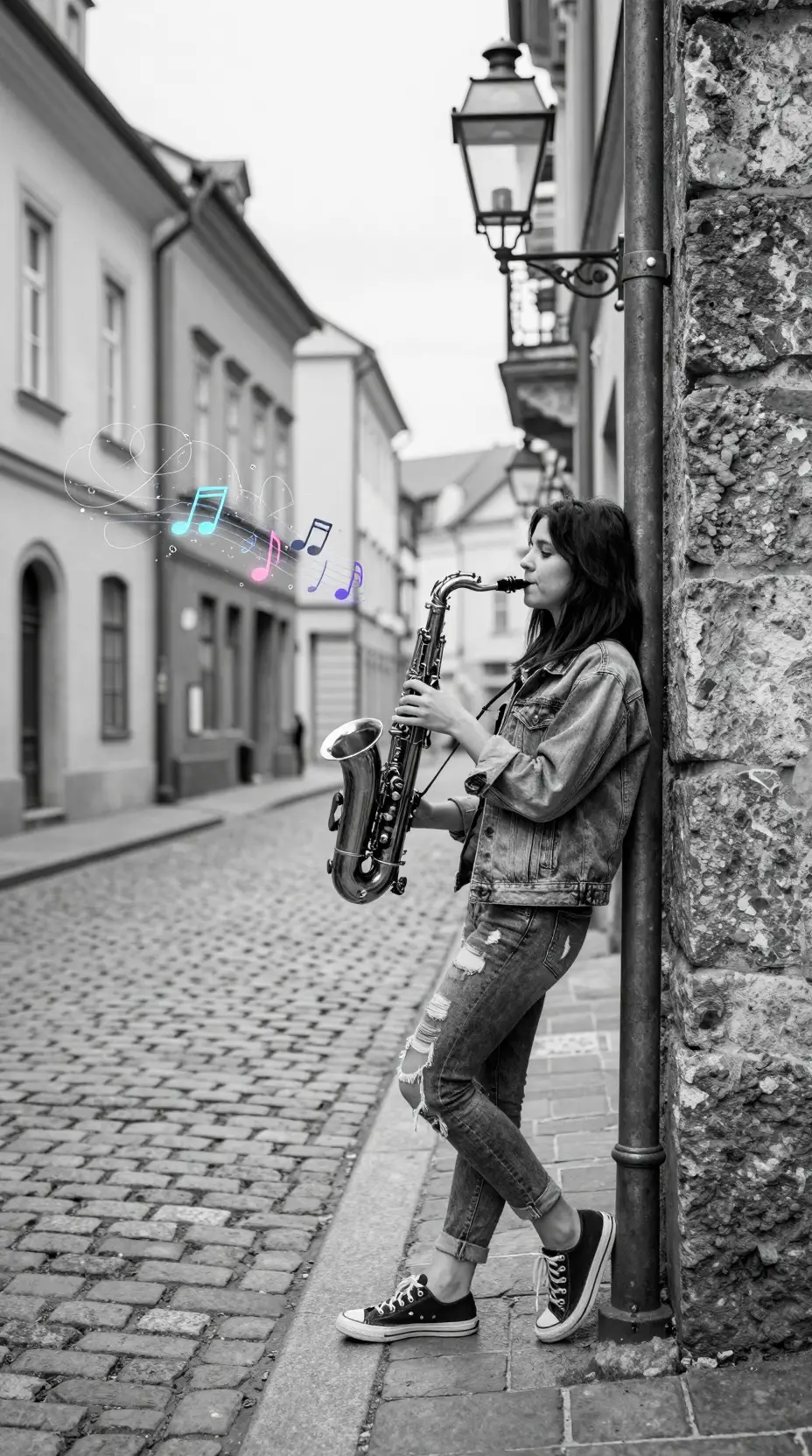 A girl plays saxophone on a cobblestone street in Old Europe