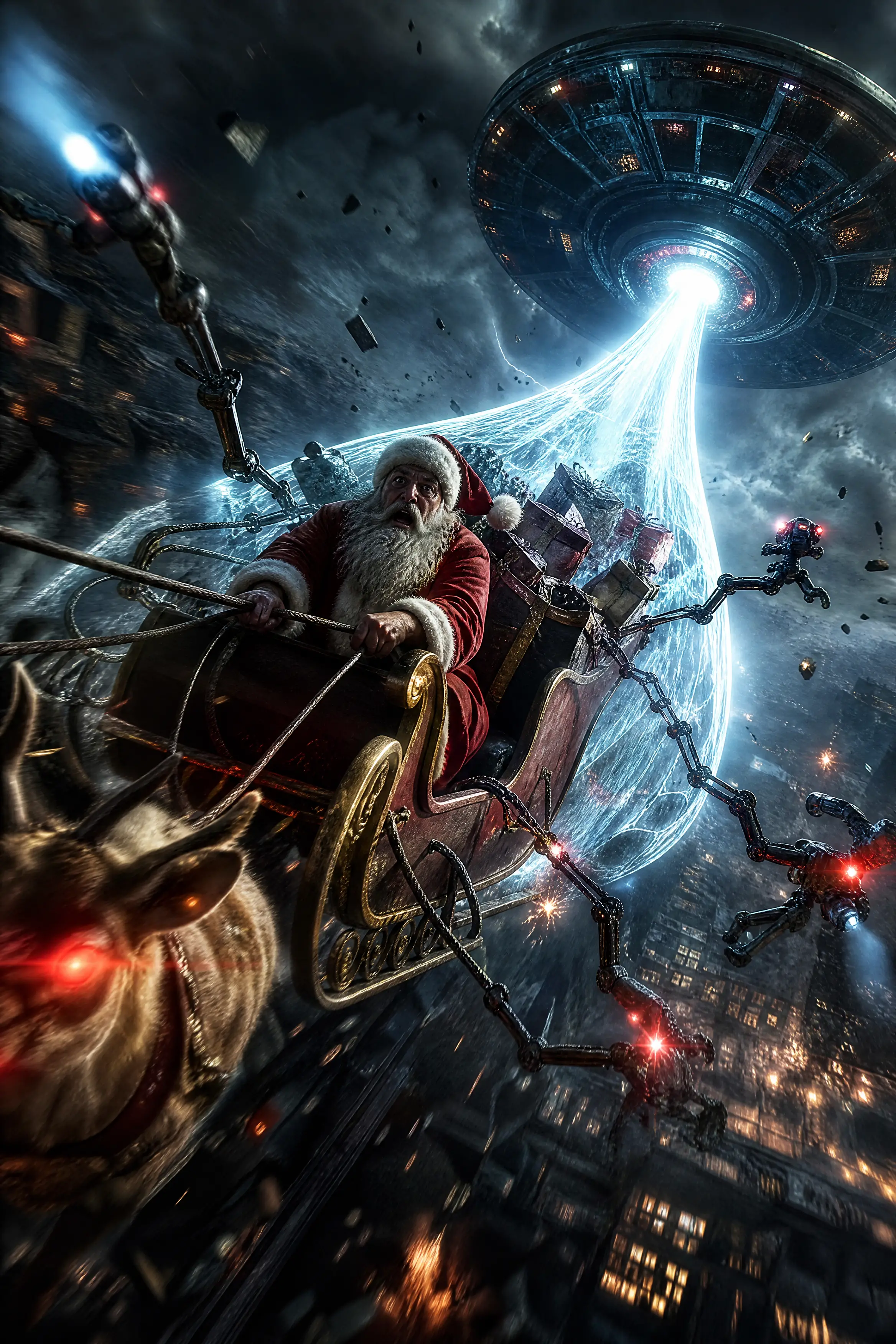 Santa Claus and His Sleigh Are Towed Across the Sky by a UFO
