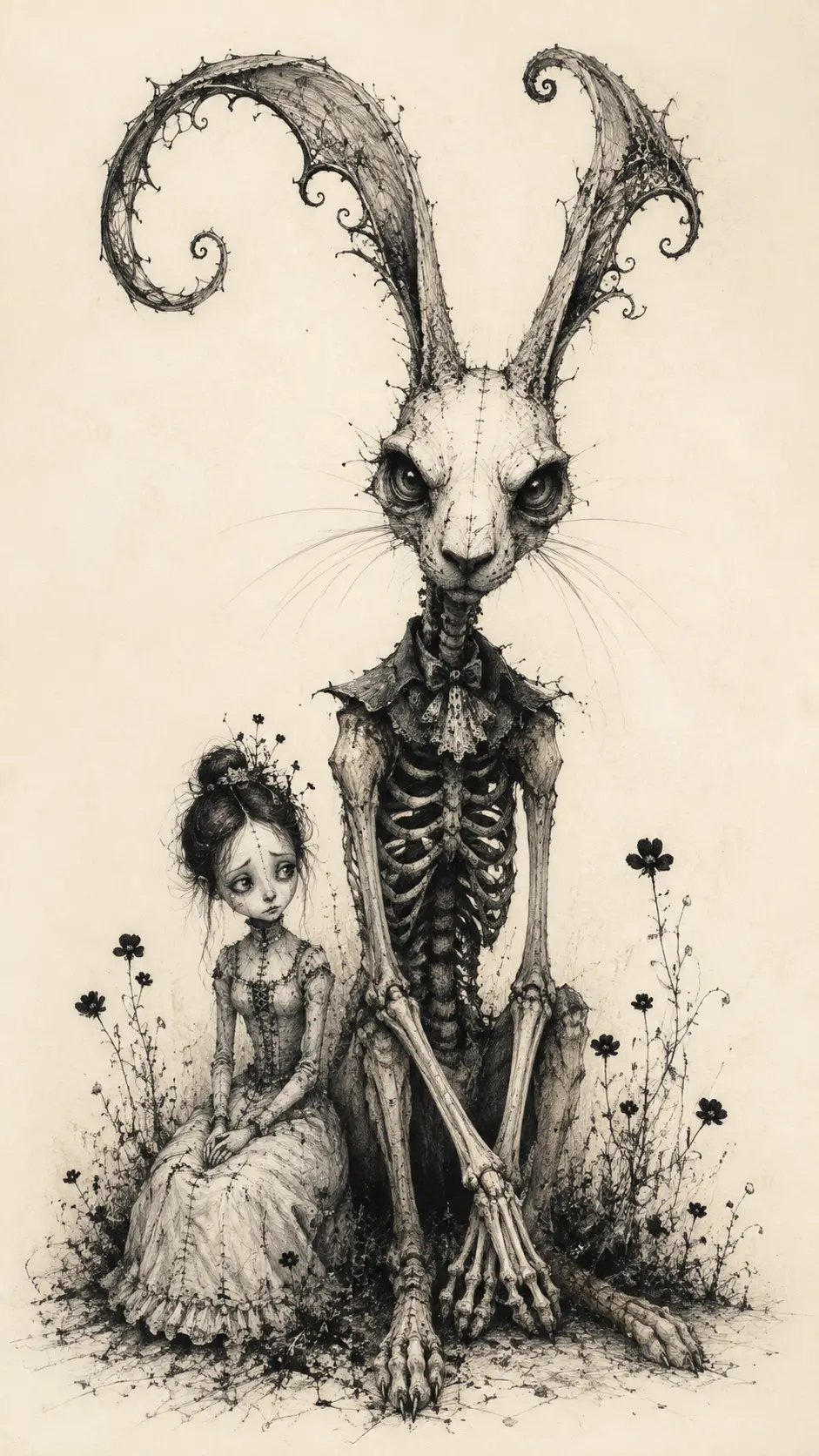 A tiny woman sits beside a towering skeletal rabbit
