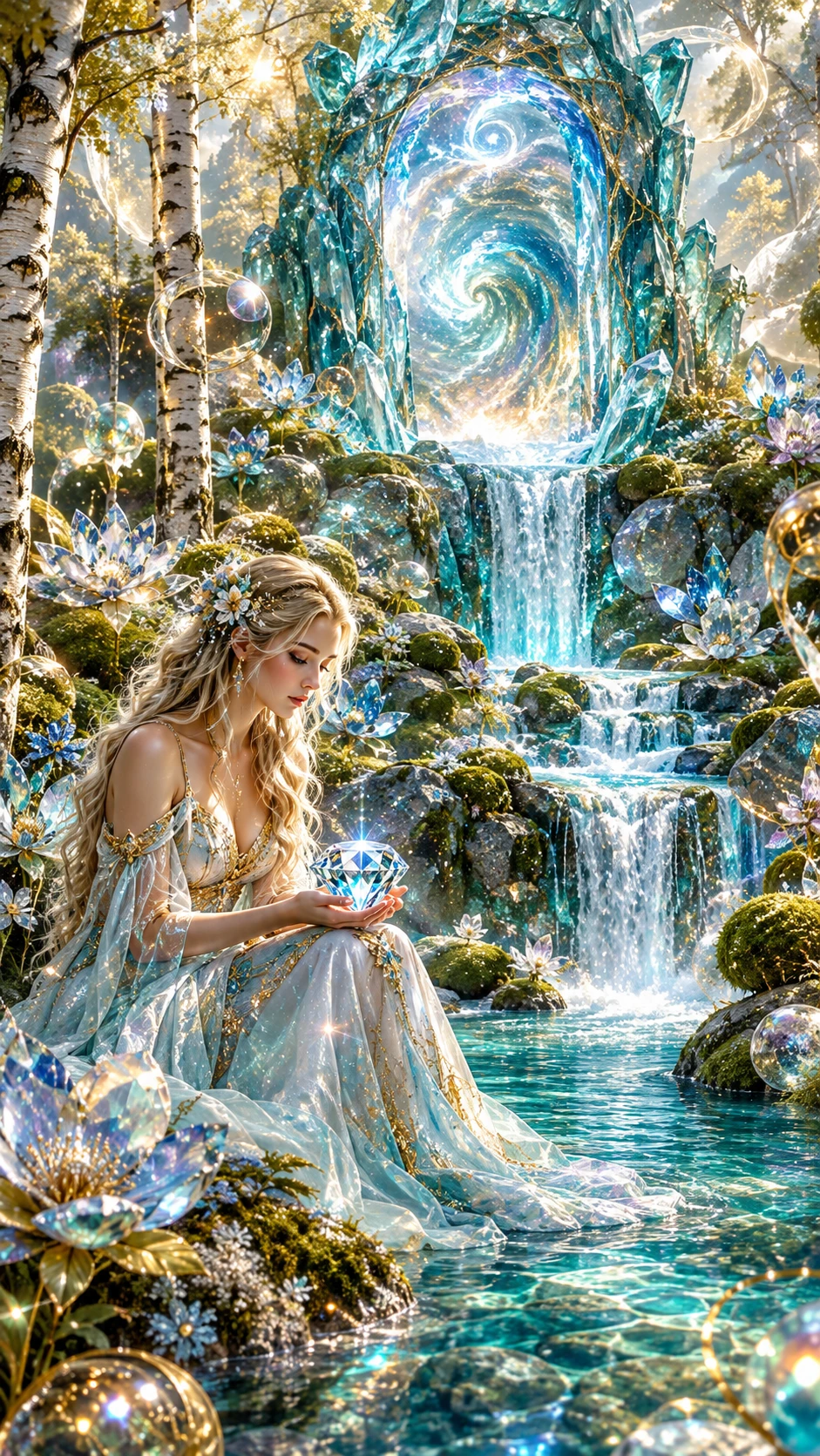 A waterfall streams from a mystical portal across glass rocks in a fantasy forest