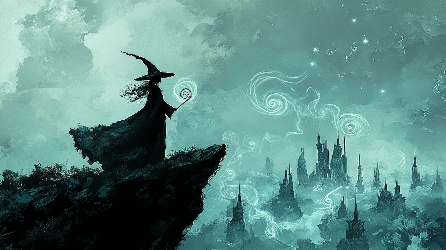 A Solitary Witch Surveys A Surreal Landscape From A High Cliff