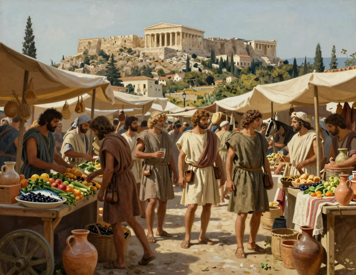 Merchants and shoppers gather at a bustling marketplace in ancient Greece