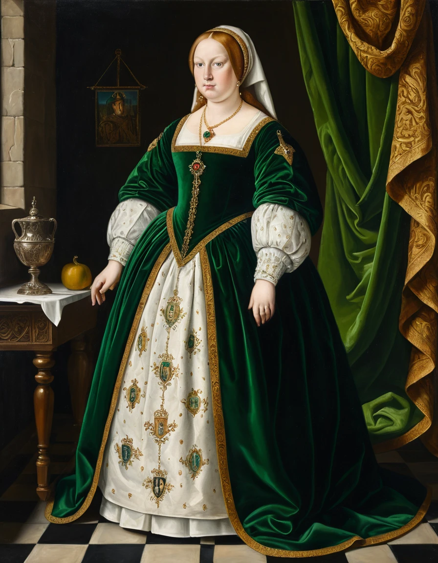 A Renaissance portrait of a woman in emerald velvet noble attire
