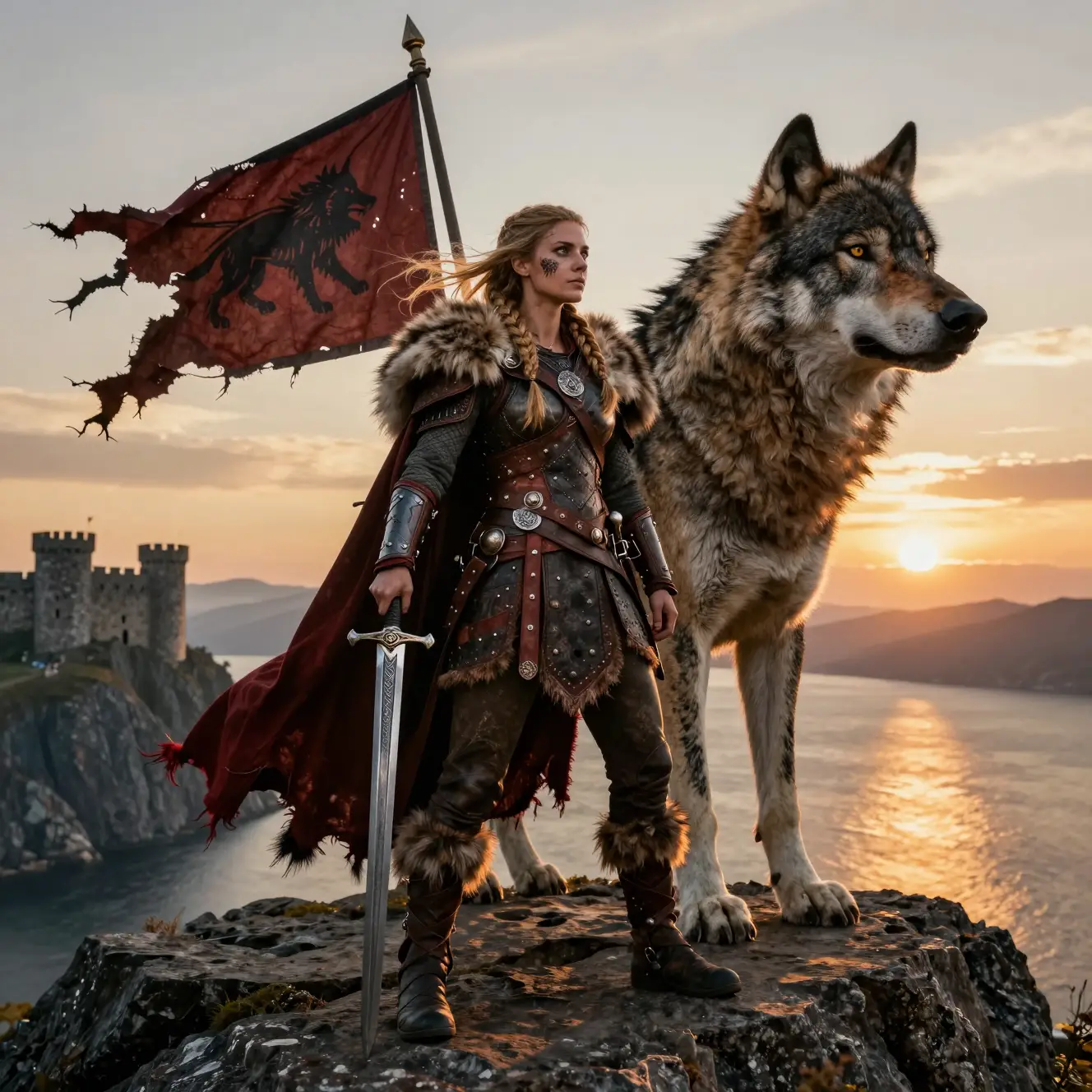 Viking warrior princess holds a war banner beside a dire wolf on a cliff