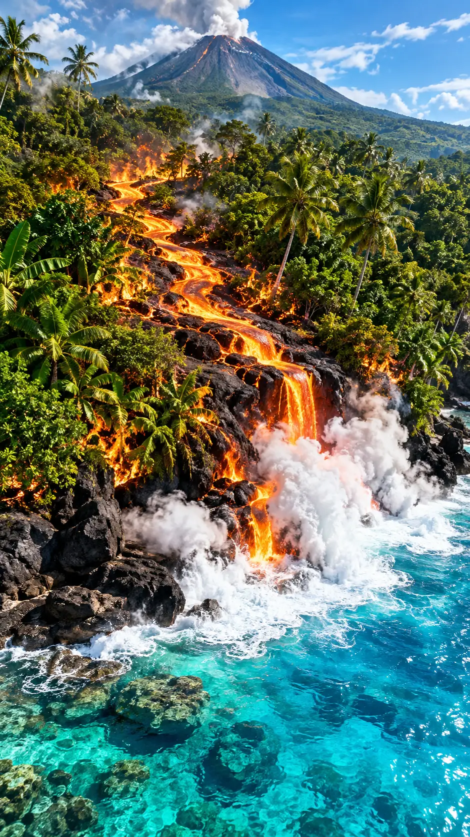 Molten Lava Cuts Through Tropical Jungle Before Reaching the Turquoise Ocean