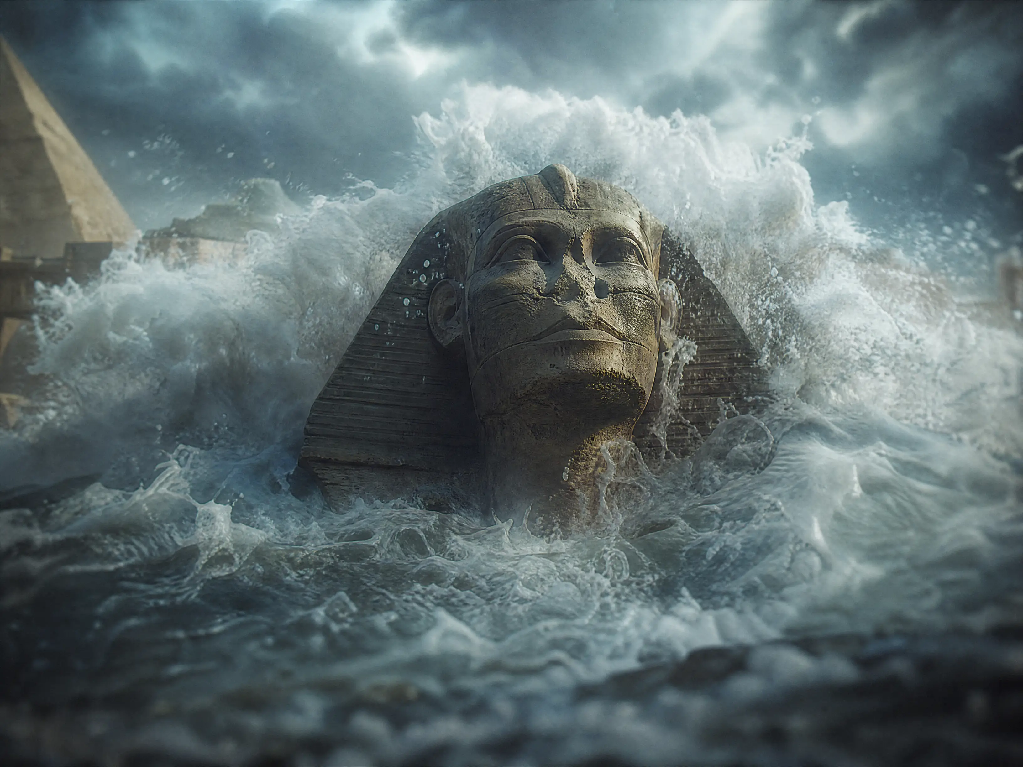 A towering wave engulfs the Great Sphinx along Egypt’s ancient shore
