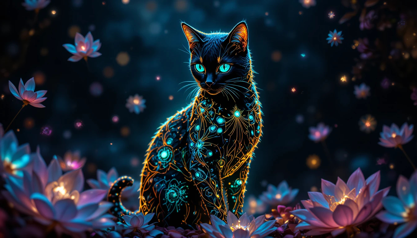 Mystische Katze mit leuchtend smaragdgrünen Augen vor schwarzer Leere