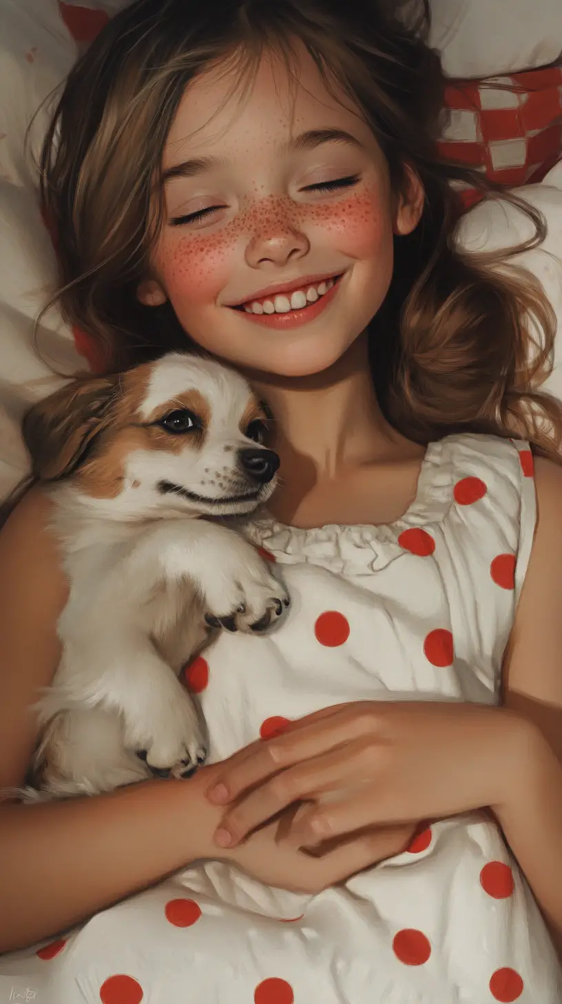 A freckled girl holds a small dog in a polka dot dress