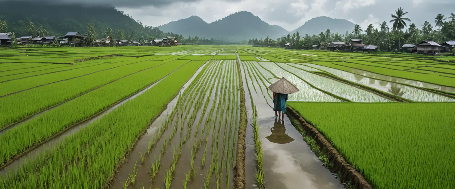 Expansive Rice Paddies Fill a Green Valley Beneath Monsoon Clouds