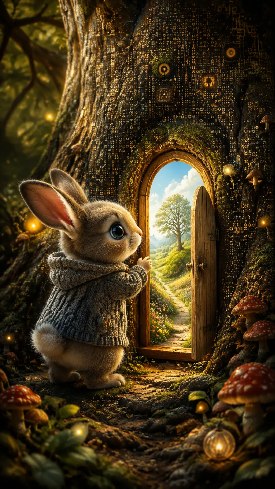 A tiny rabbit discovers a glowing doorway in an ancient tree