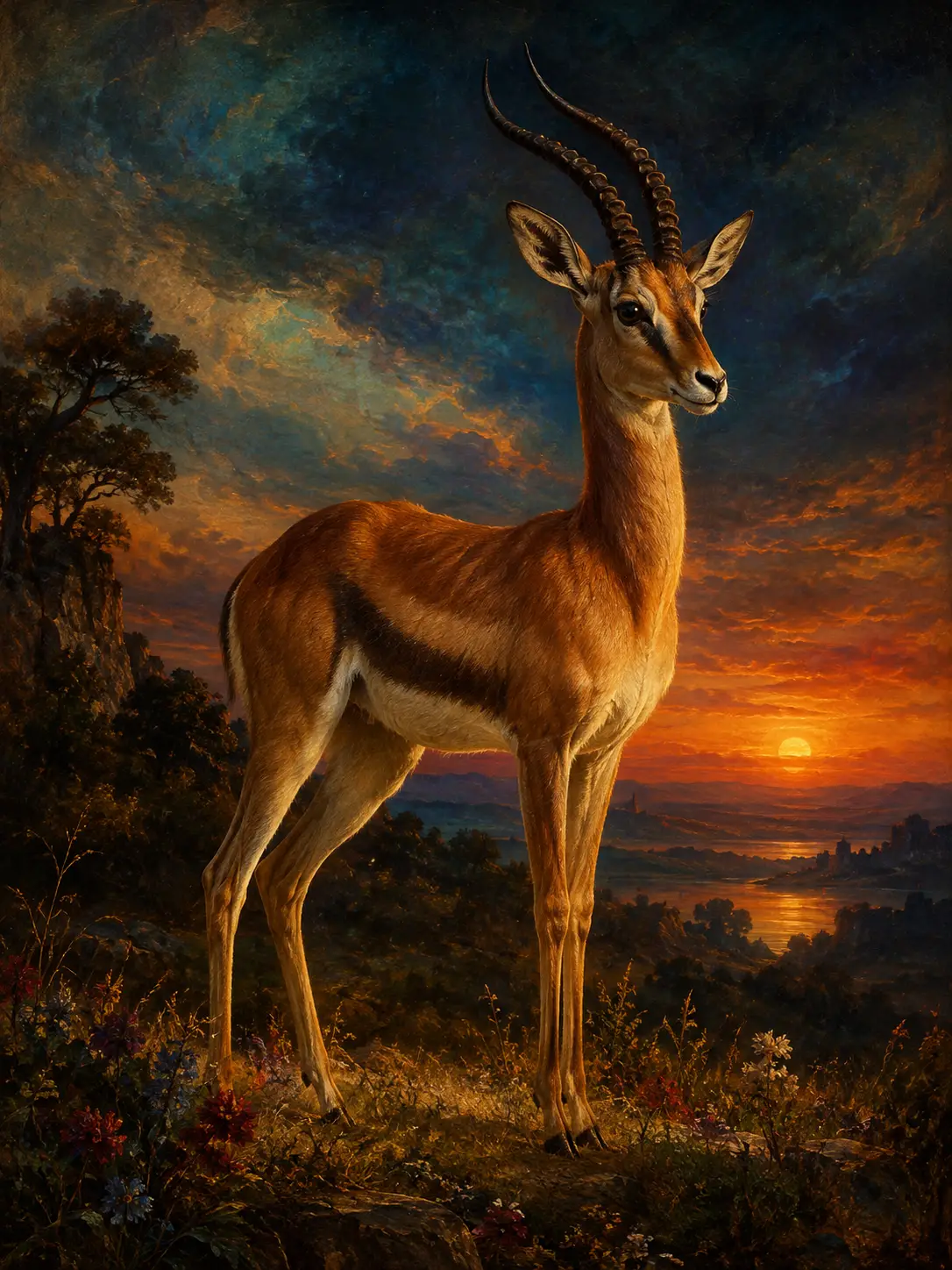 A Solitary Gazelle Standing in an Evening Field in Renaissance Style