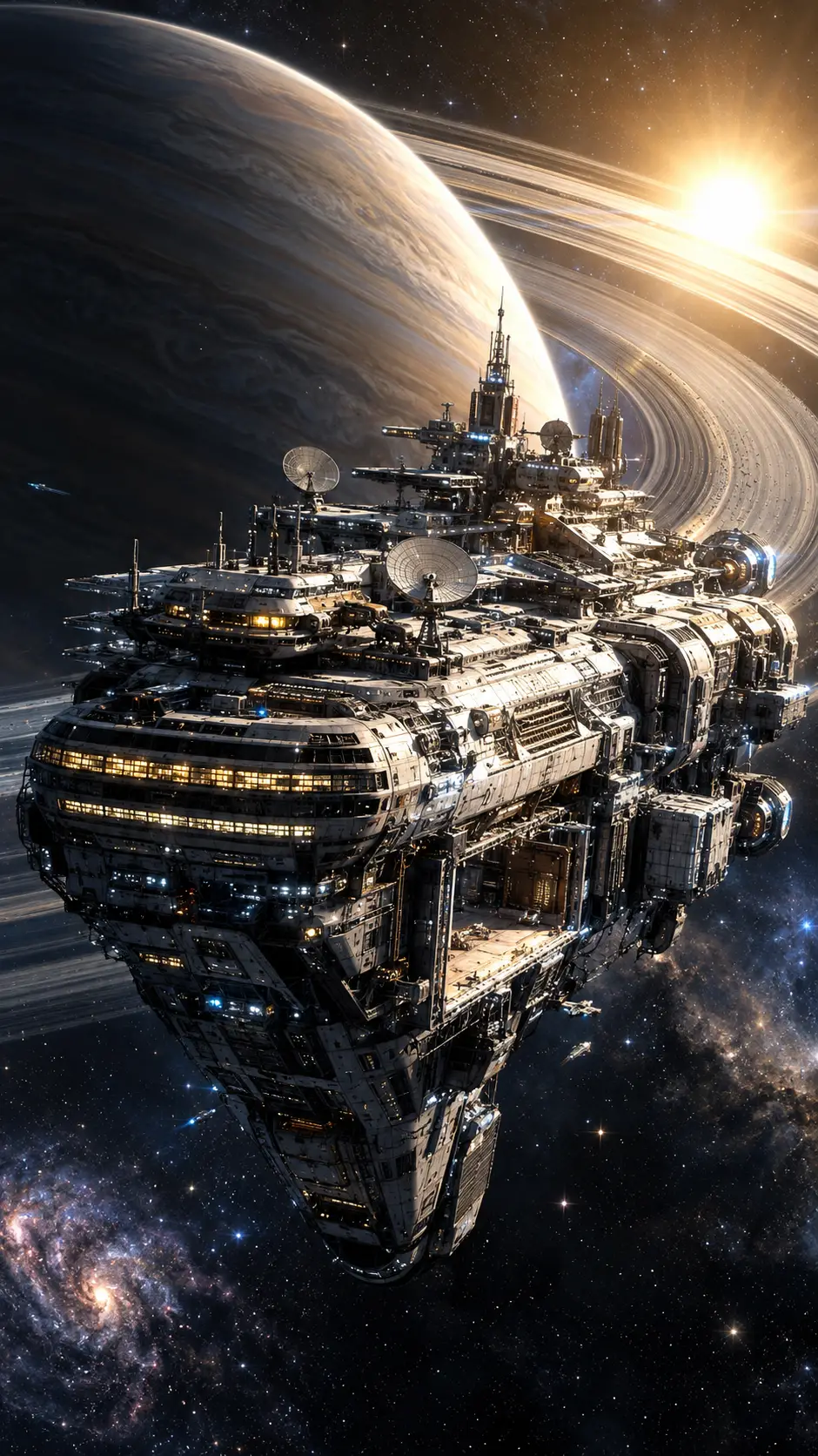 A colossal colony ship approaches through the depths of interstellar space