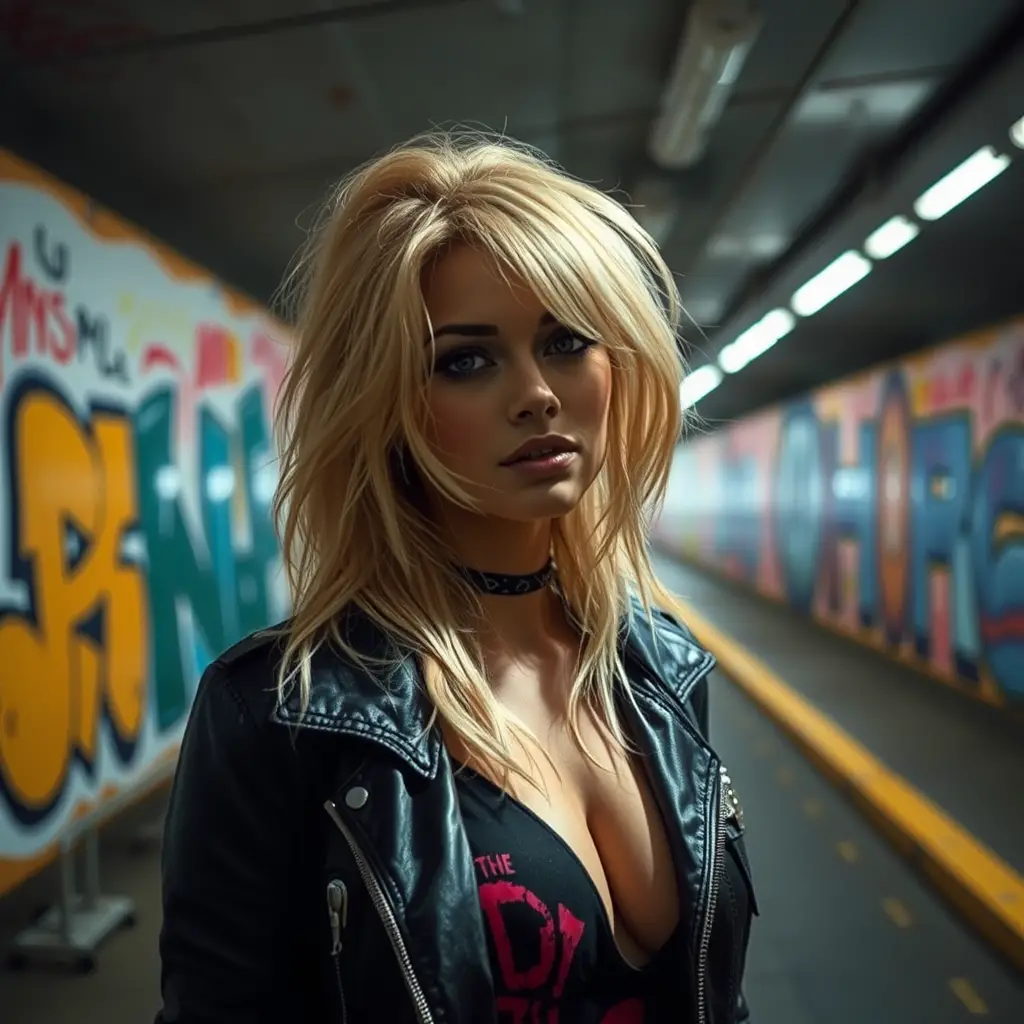 Blonde Actress in Airbrushed Graffiti Beneath an Urban Underpass