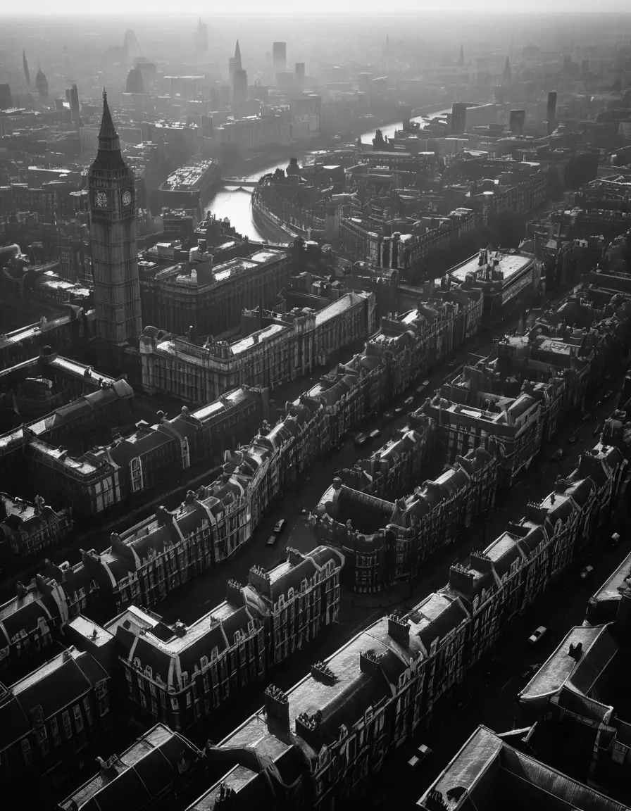London around 1910 viewed from above beneath an overcast dawn sky