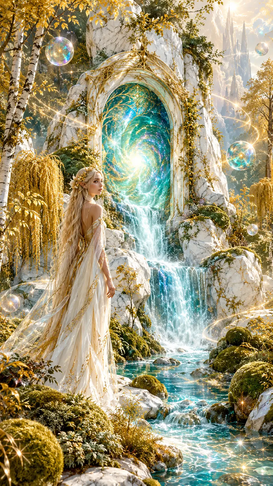 A forest elf stands before a portal as a waterfall cascades over marble rocks