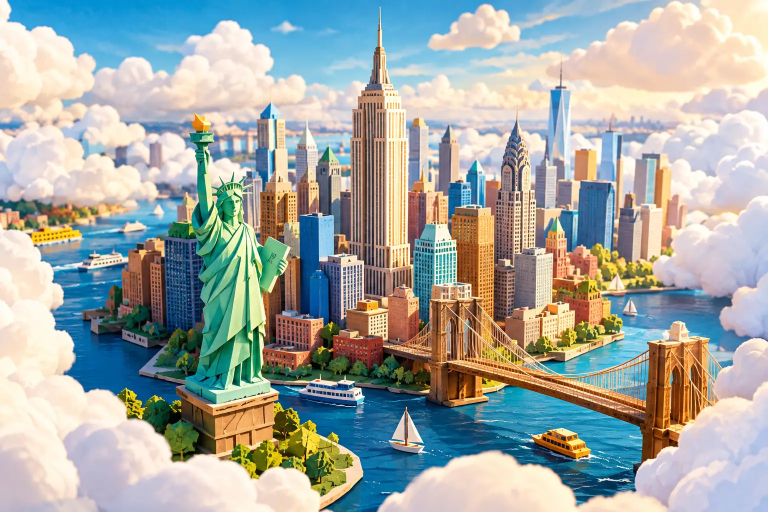 A paper-crafted New York City rises among fluffy clouds