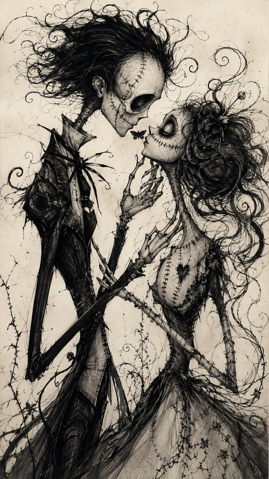 A skeletal gentleman and rag doll woman face each other across a moth