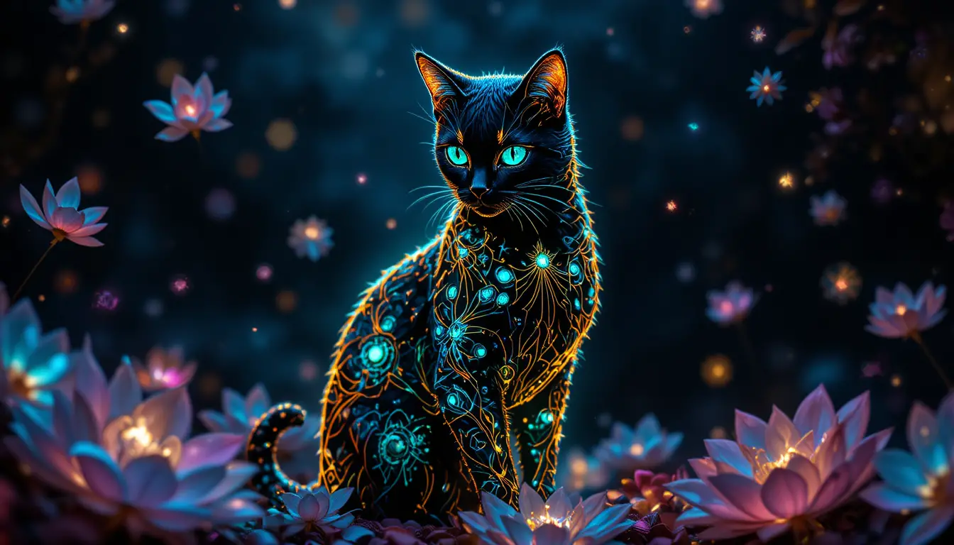 Mystic cat glows with emerald eyes against a black void