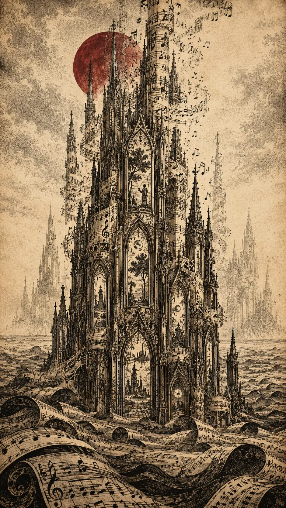 Gothic Cathedral Rising From An Ocean Of Antique Sheet Music
