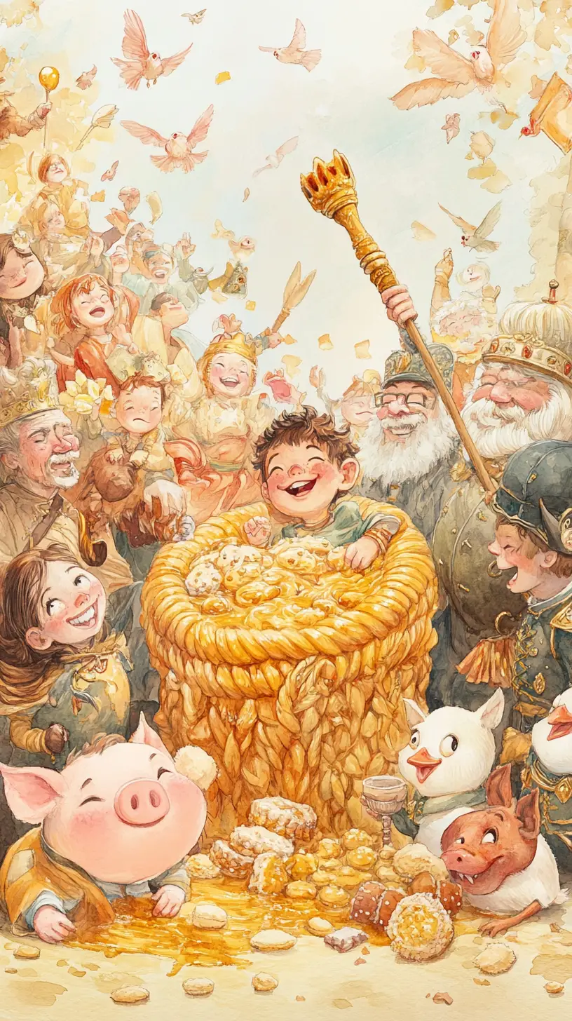 A joyful boy and child recline in a fantastical honey mound