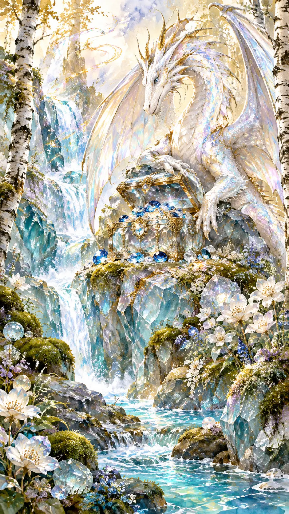 A waterfall flows over glass rocks into a winding stream