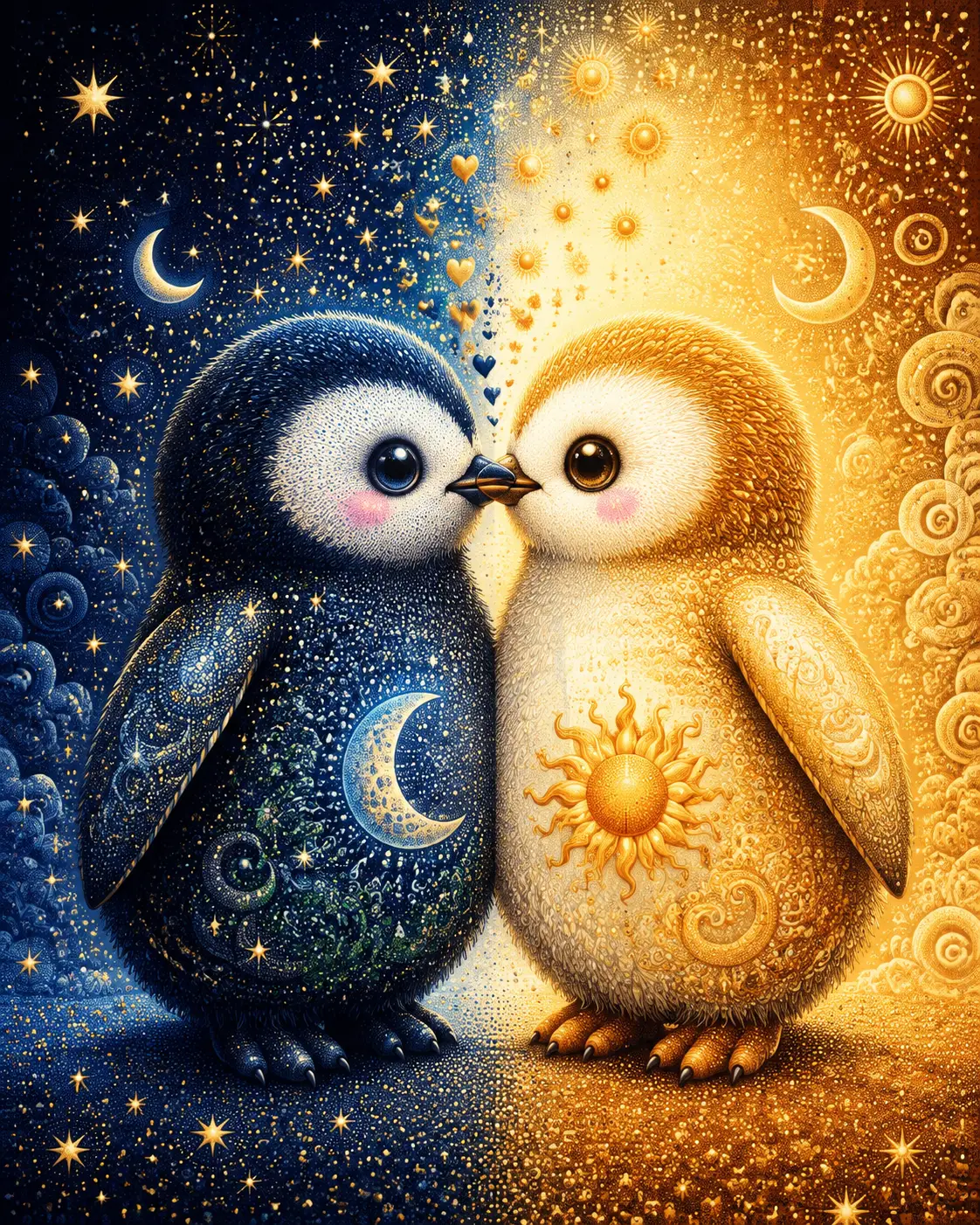 Two Penguins Share an Affectionate Kiss Between Celestial Night and Day