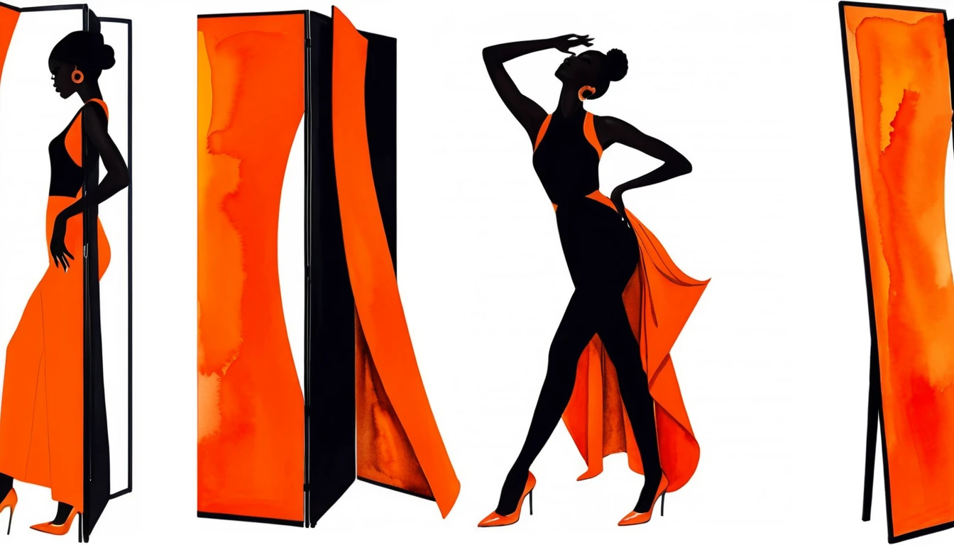 Illustrazione di moda di una donna che fa capolino da dietro un paravento arancione