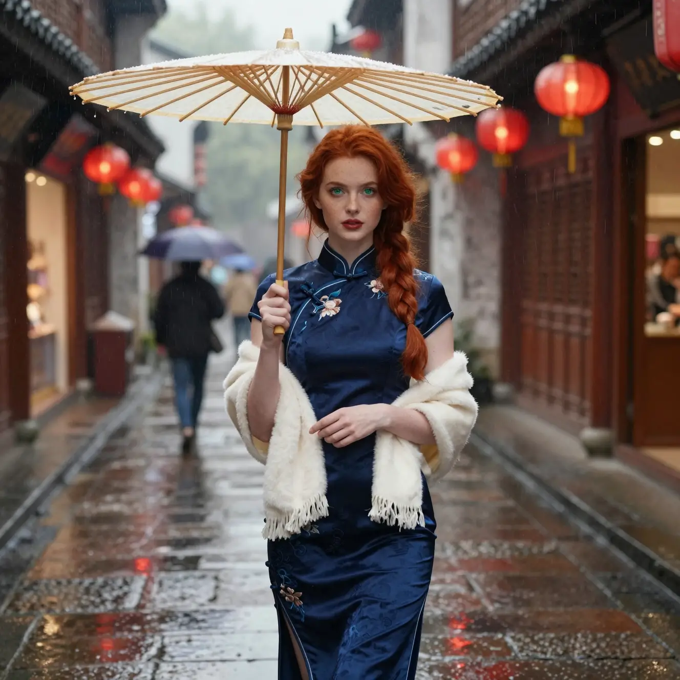 A red-haired woman walks through a rainy historic alley