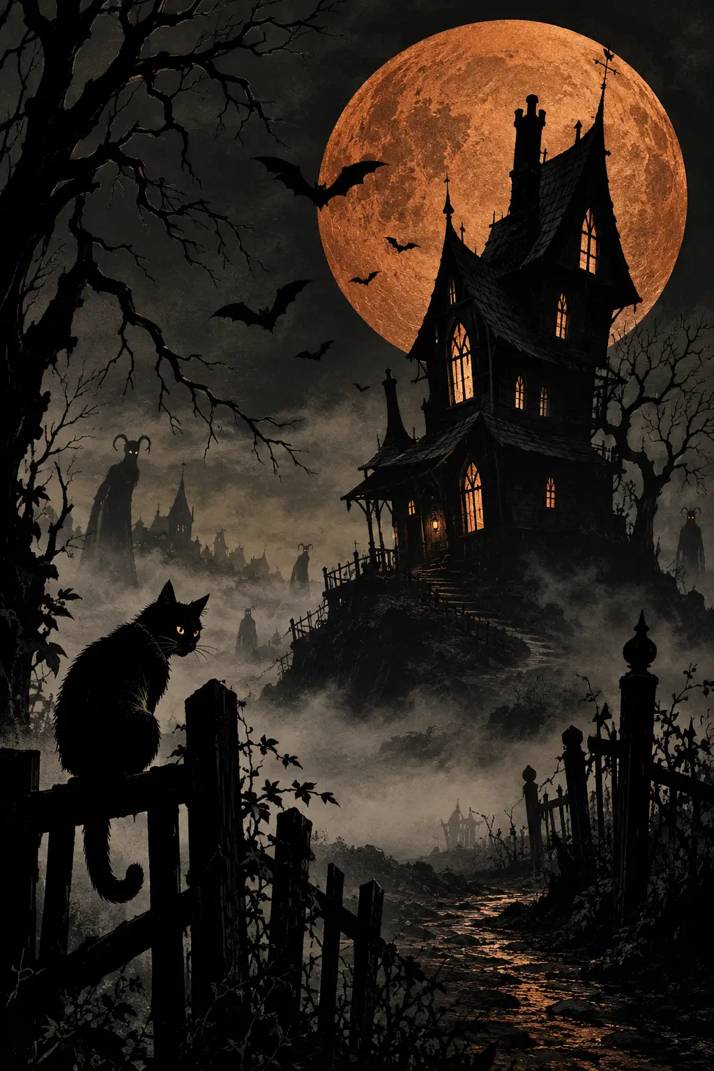 A crooked house beneath a copper moon in a gothic fairy tale