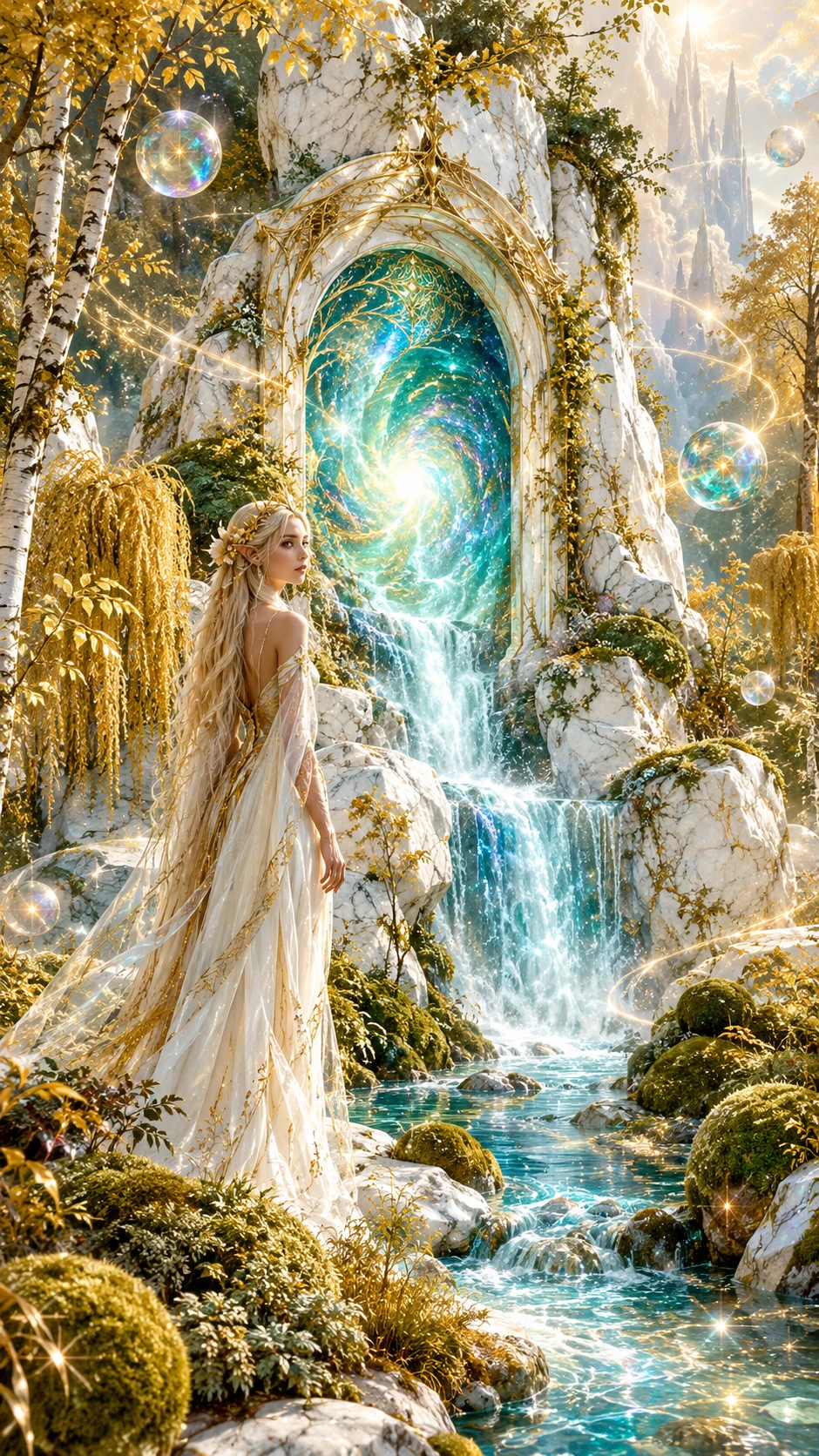 A forest elf stands before a portal as a waterfall cascades over marble rocks