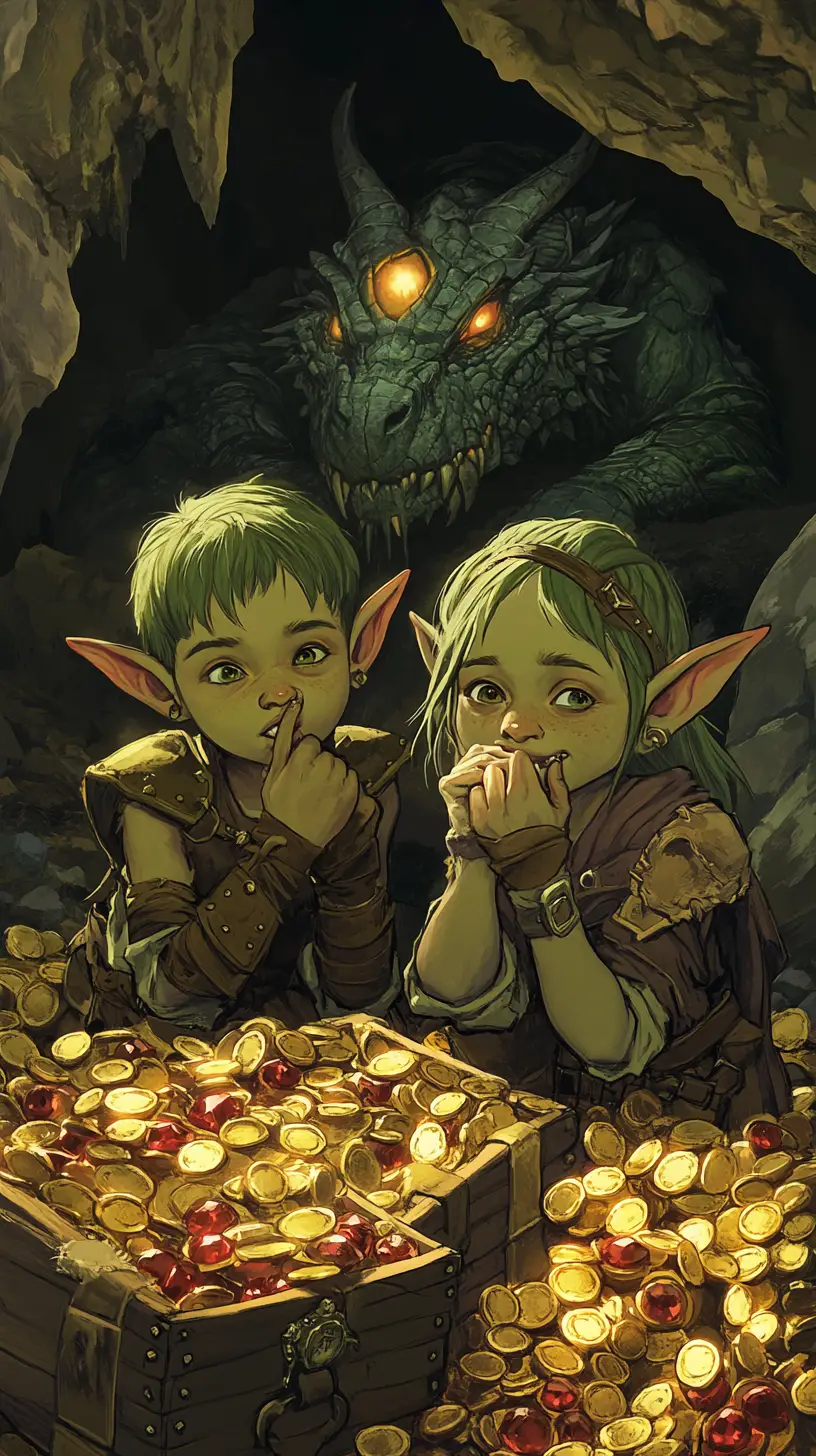 Two goblin children sneak across a glittering treasure hoard in a cavern