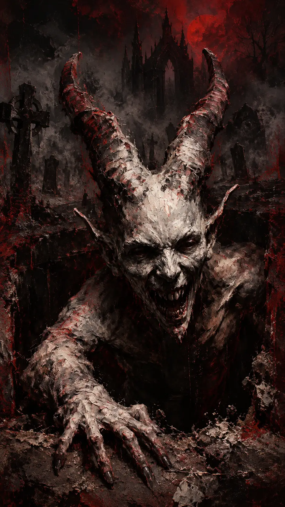 A horned skeleton crawls from a hole in a Gothic cemetery