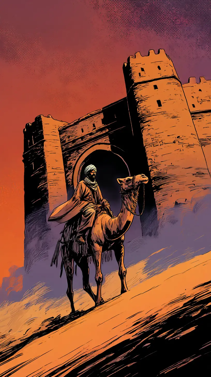 A Camel Driver Faces a Desert Fortress from a Windswept Dune