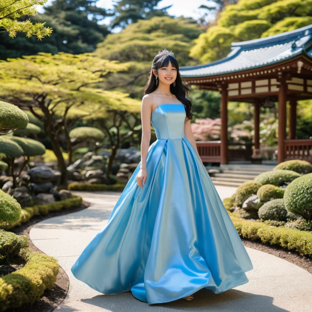 A young Japanese woman in a satin gown stands in a garden