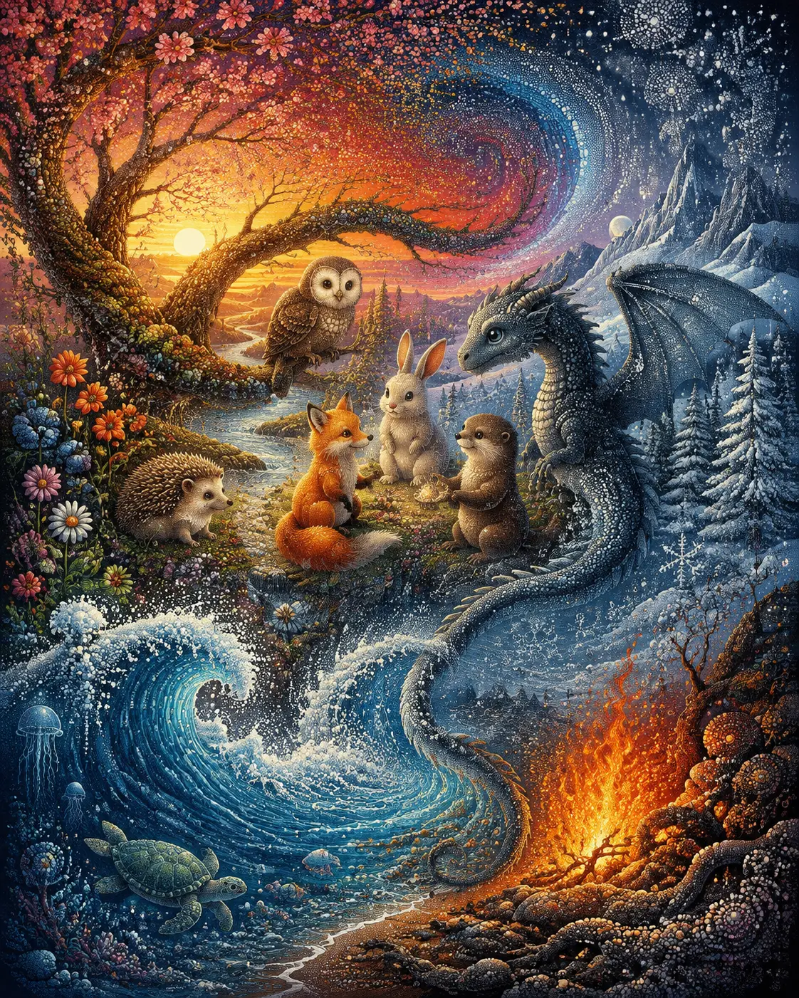 Fantasy animals gather across a landscape of shifting natural worlds