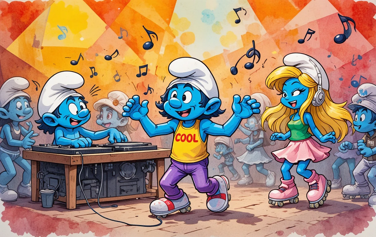 Los Pitufos bailan en una colorida fiesta de dibujos animados con un fondo geométrico