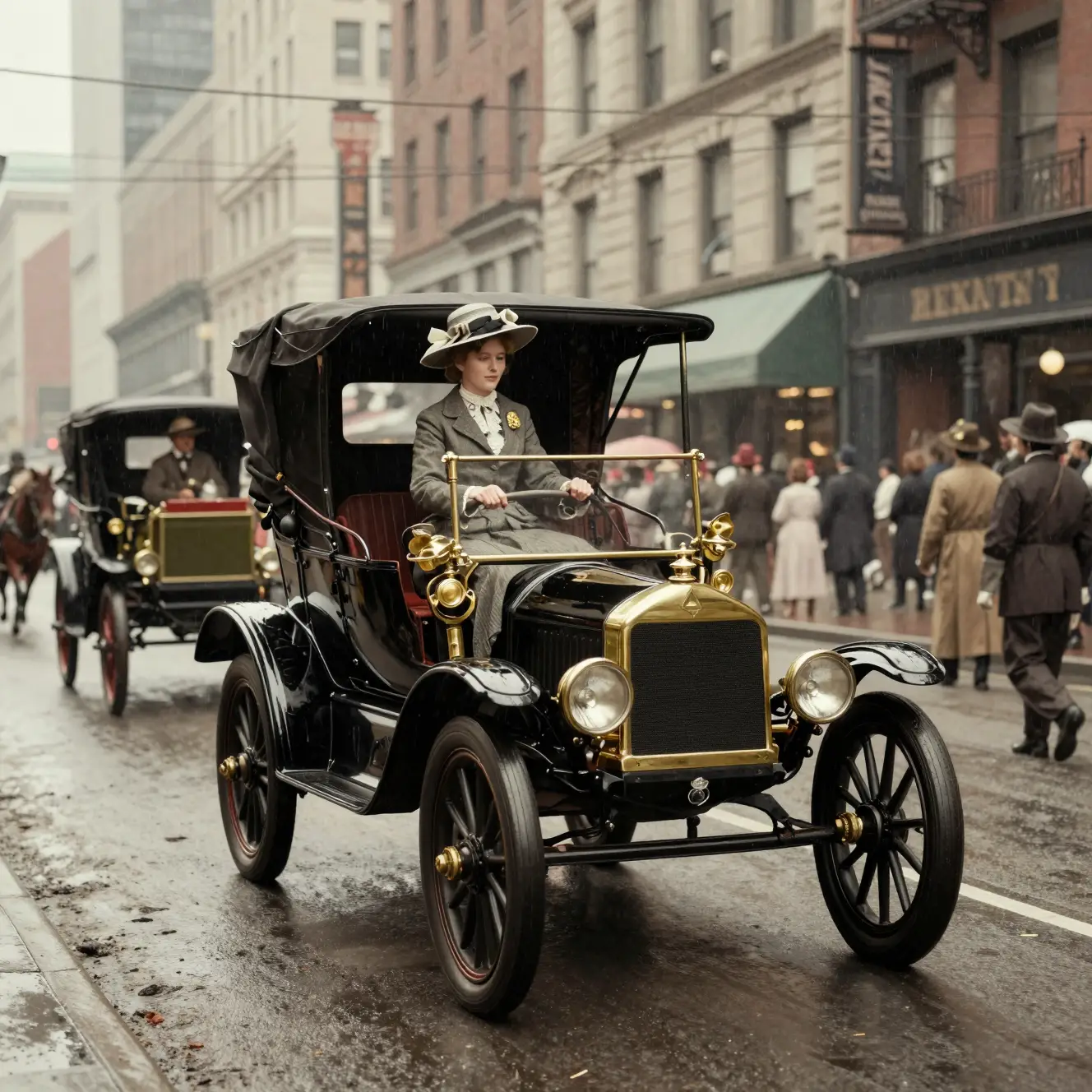 A Ford Model T Drives Along a Rainy Manhattan Street