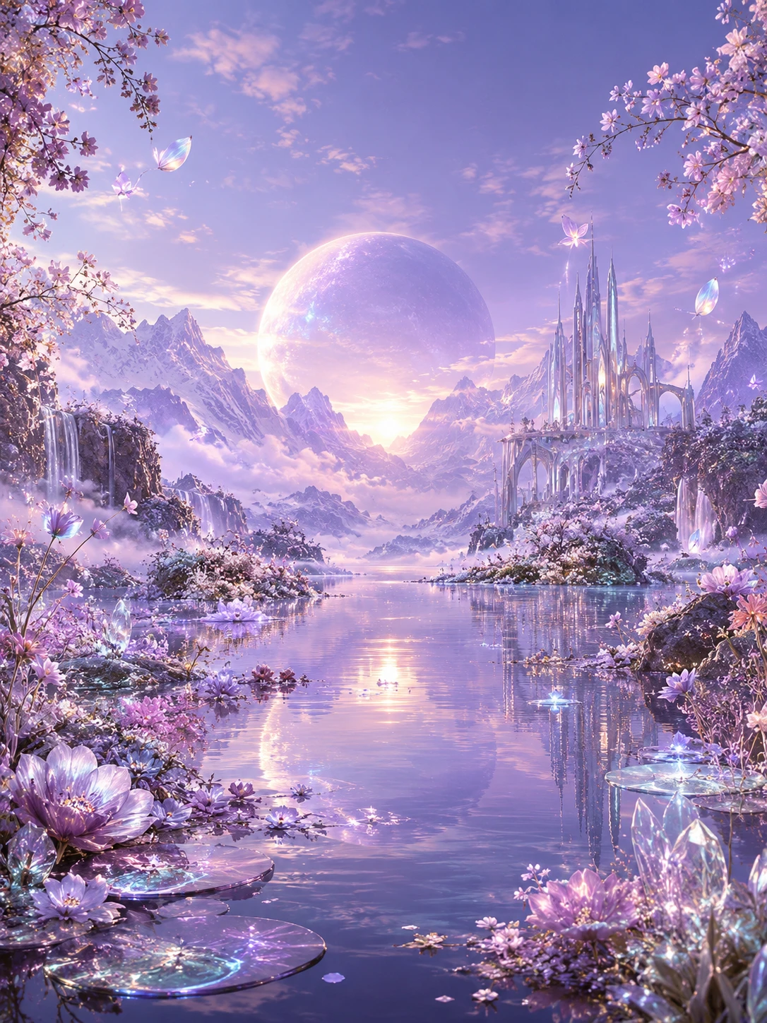 Un sereno paisaje onírico lleno de flores lilas metálicas y detalles luminosos