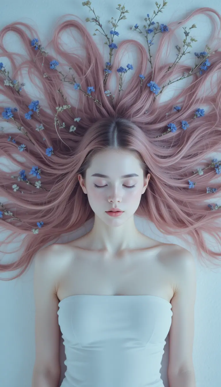 Young woman rests amid sweeping pink hair and tiny wildflowers