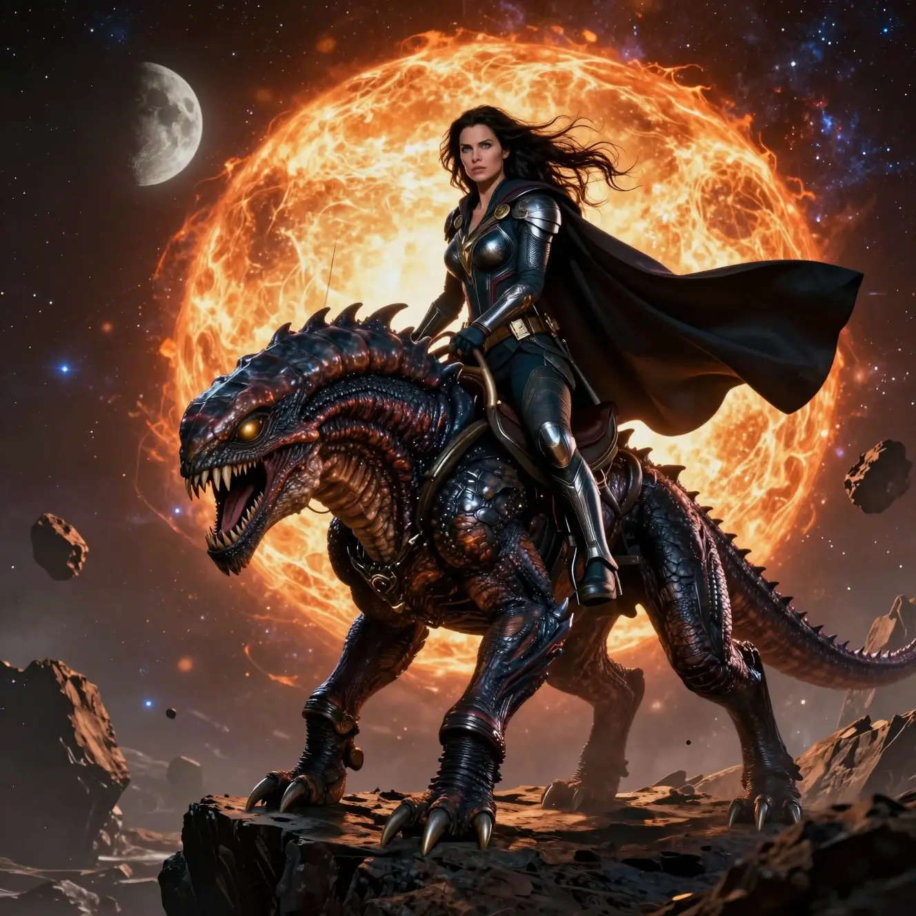 Unmasked Superheroine Rides a Spiked Alien Beast on a Rocky Space Cliff