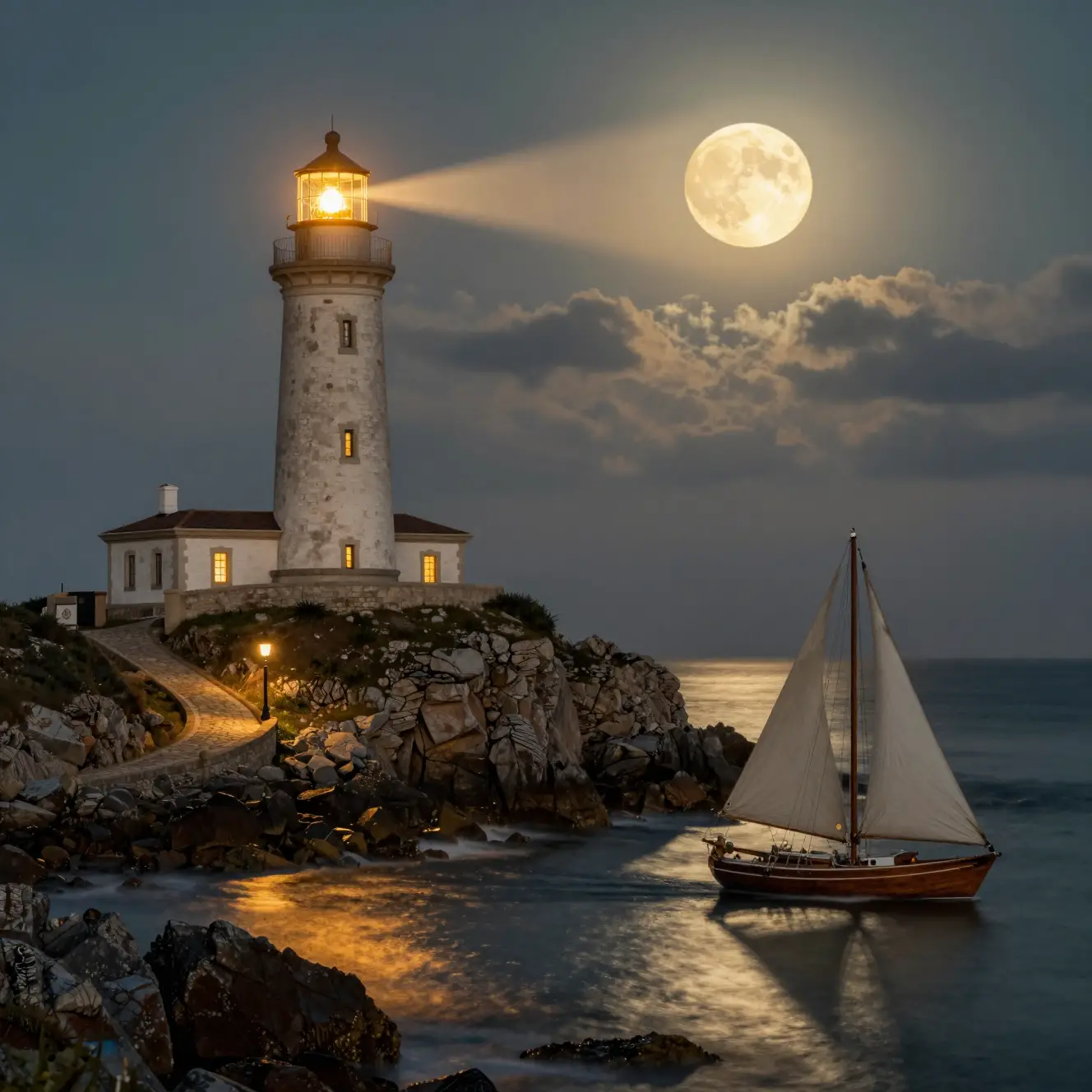 A stone lighthouse overlooks a moonlit coast as a sailboat crosses calm waters