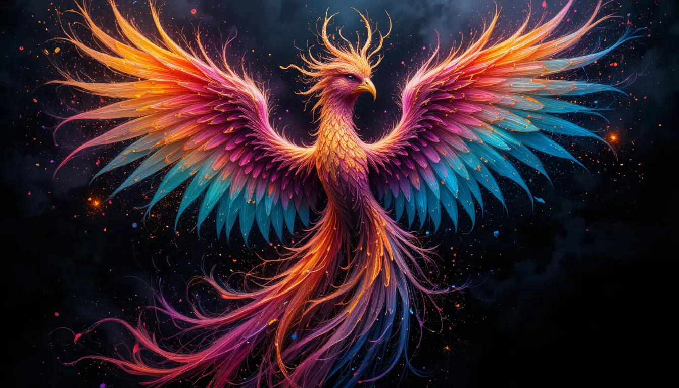 A mythical phoenix surrounded by luminous paint and swirling dust