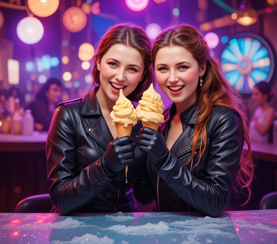 Dos mujeres vestidas de cuero disfrutan de un helado bajo luces de discoteca de colores