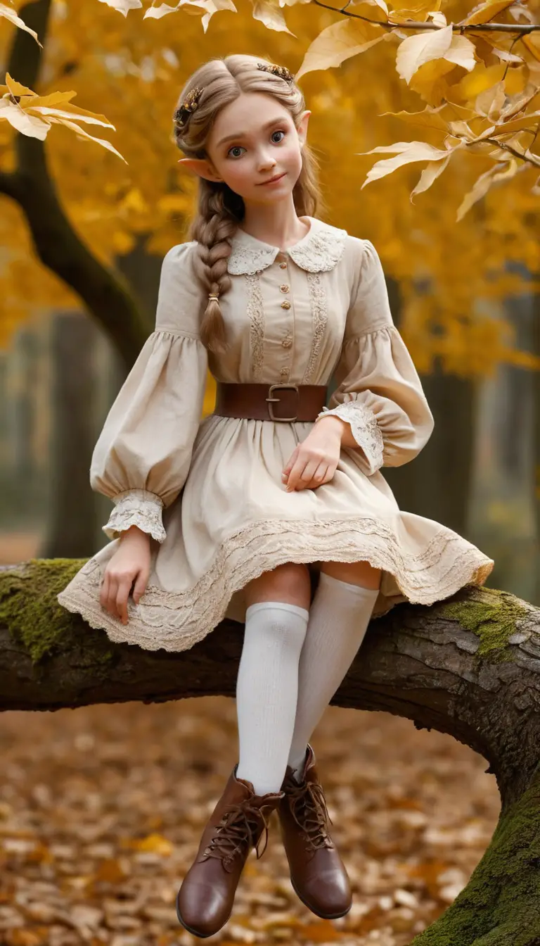 A petite elf examines an acorn while seated among golden autumn leaves