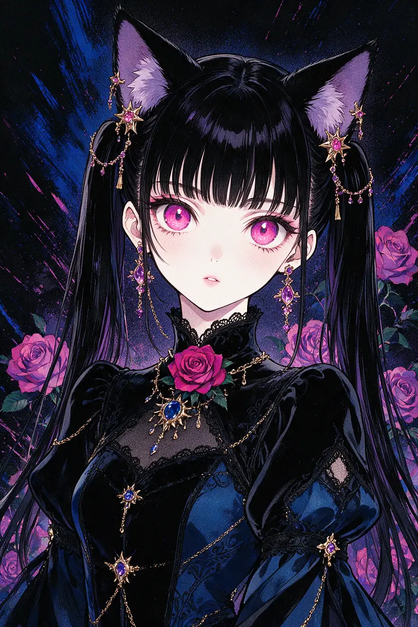 Gothic cat-eared anime girl with luminous magenta eyes