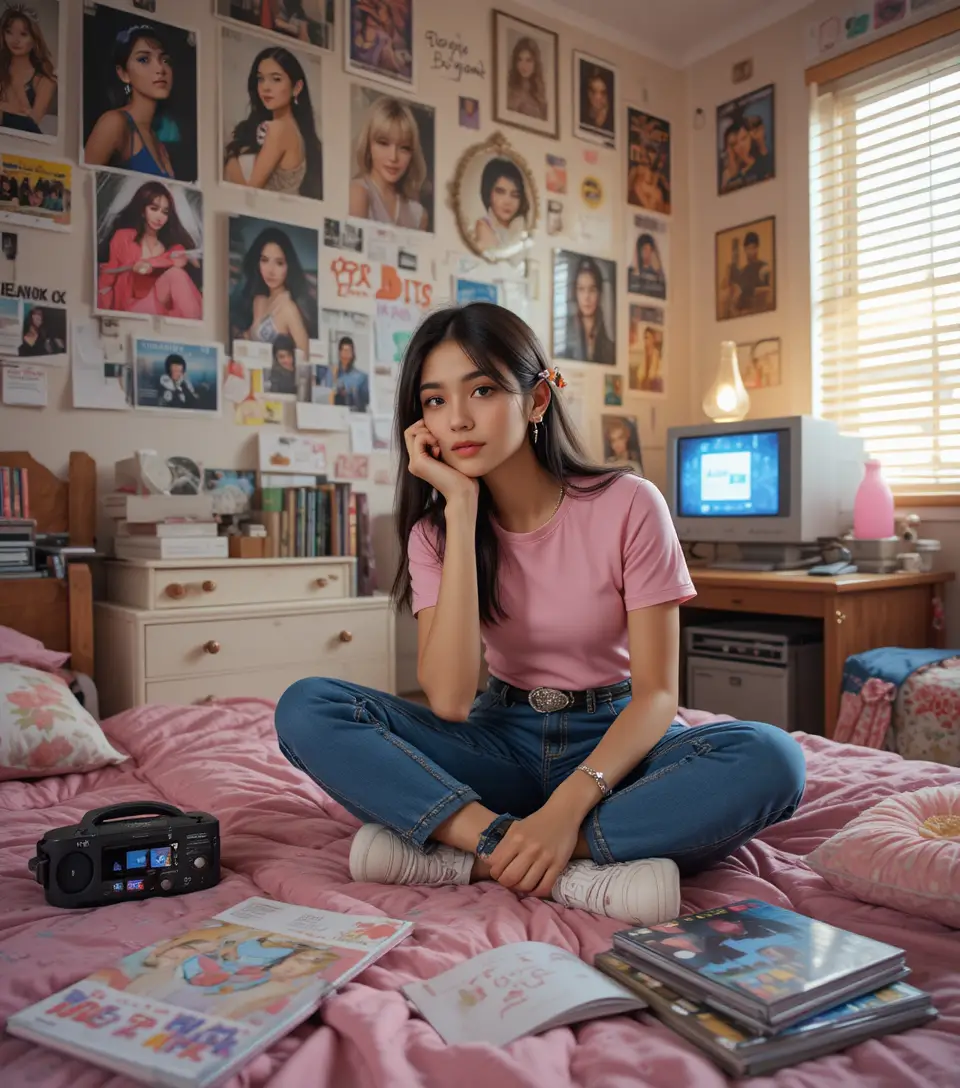 A teenage girl rests in her early 2000s bedroom