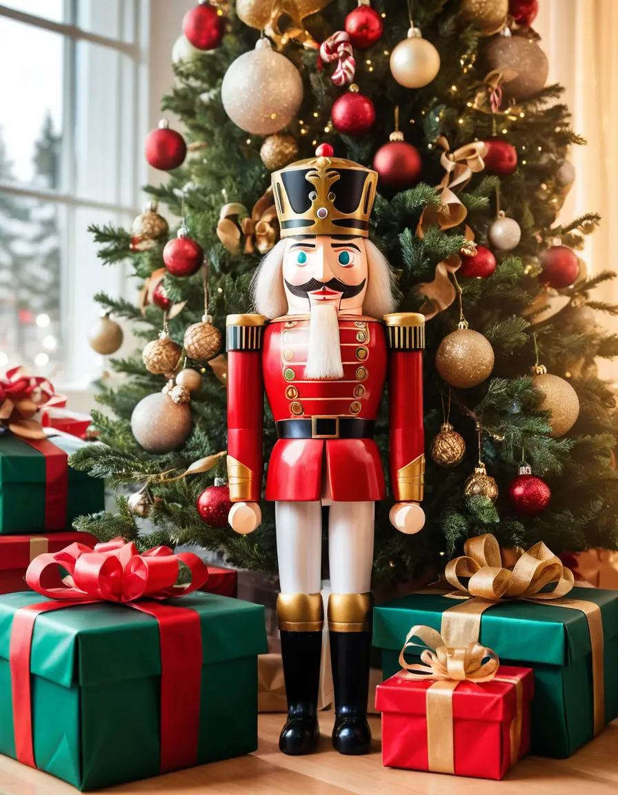 A wooden nutcracker stands beside Christmas gifts beneath a decorated tree