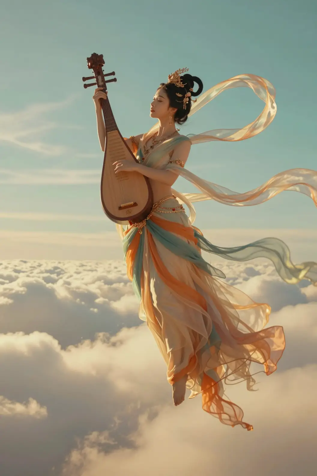 A Celestial Musician Plays Her Lute Above Golden Clouds